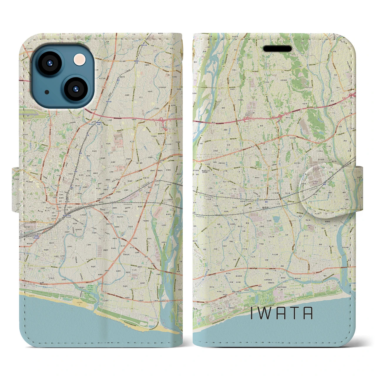 【磐田(静岡県)】地図柄iPhoneケース(手帳タイプ)ナチュラル・iPhone 13 用