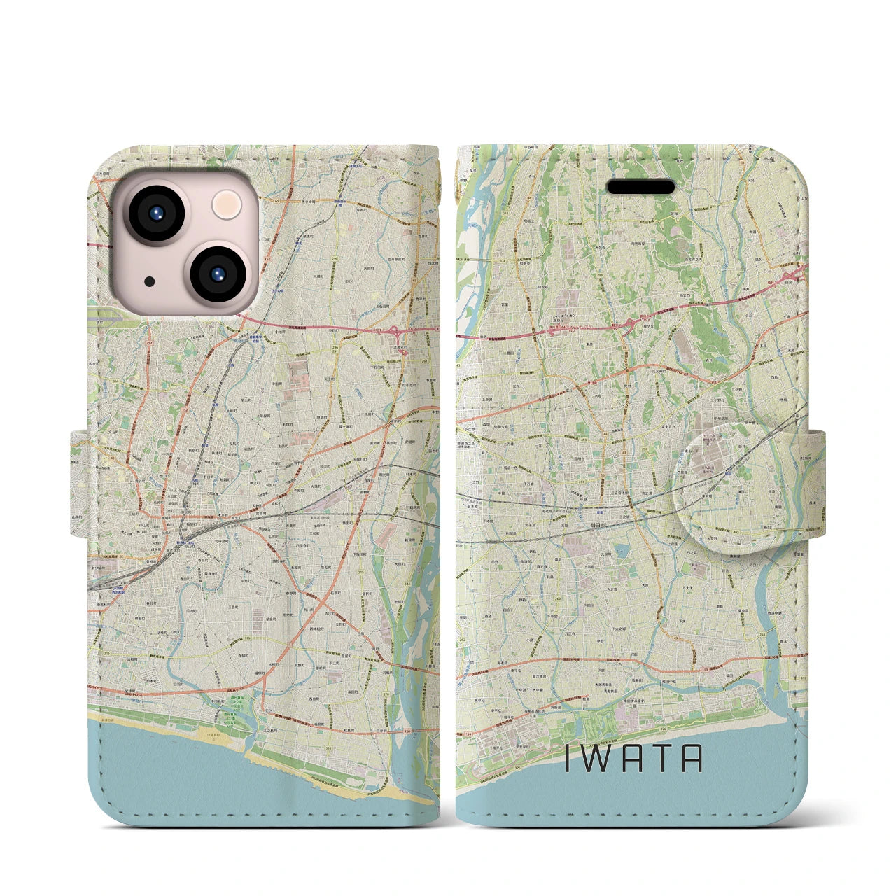 【磐田(静岡県)】地図柄iPhoneケース(手帳タイプ)ナチュラル・iPhone 13 mini 用