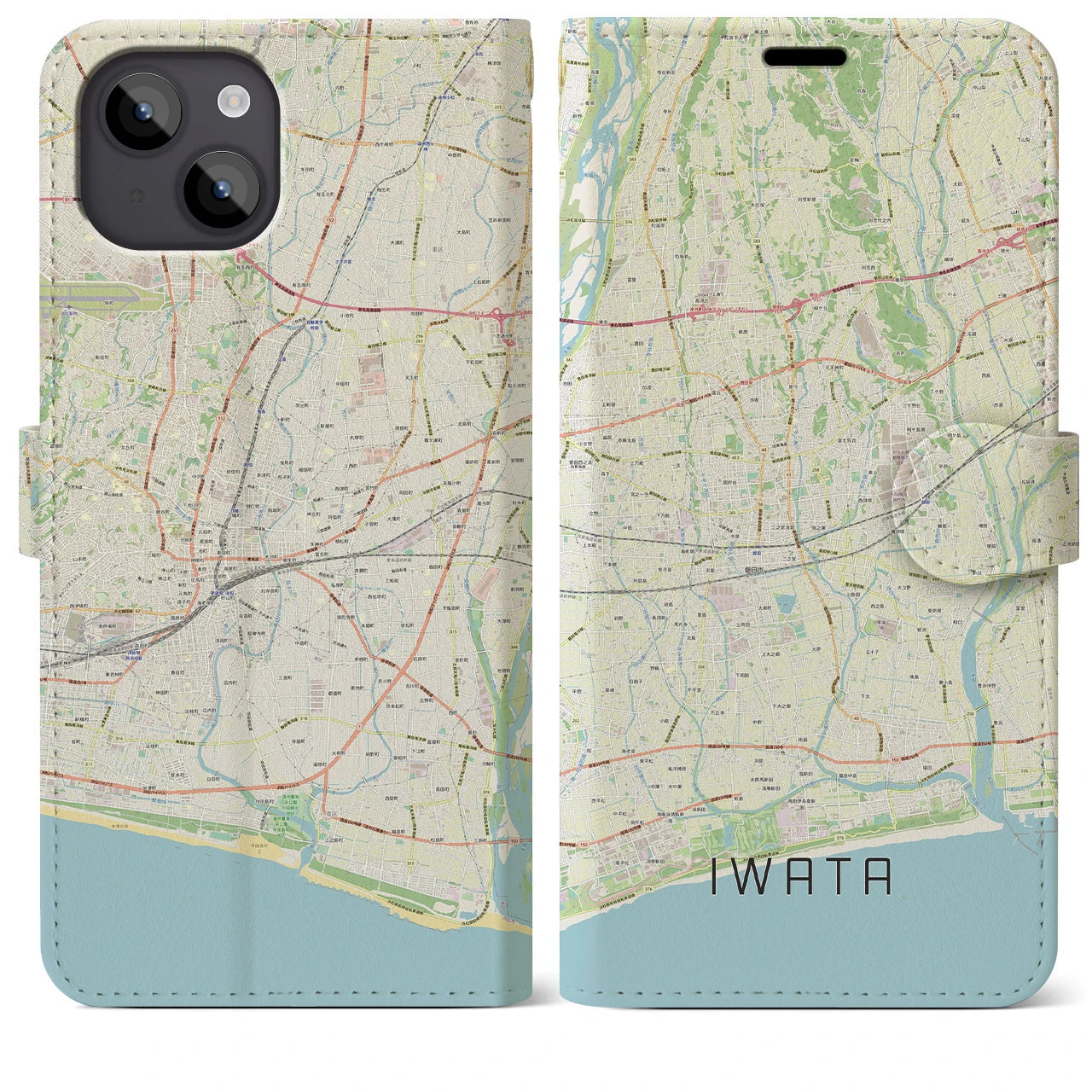 【磐田(静岡県)】地図柄iPhoneケース(手帳タイプ)ナチュラル・iPhone 14 Plus 用