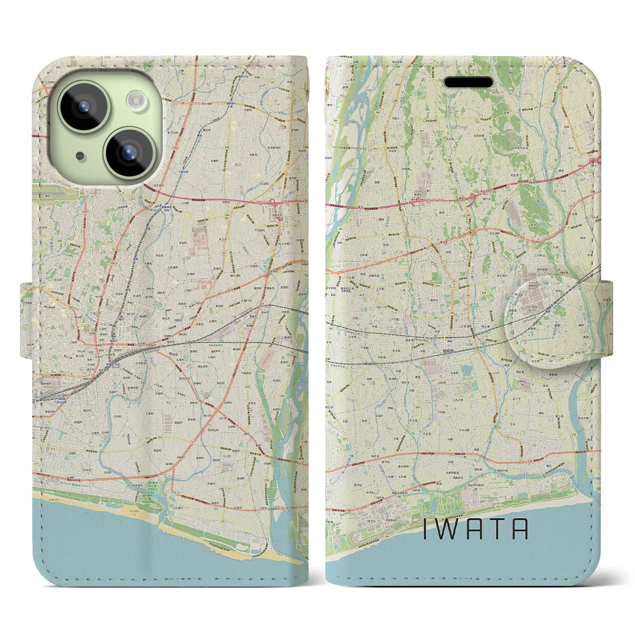 【磐田(静岡県)】地図柄iPhoneケース(手帳タイプ)ナチュラル・iPhone 15 用