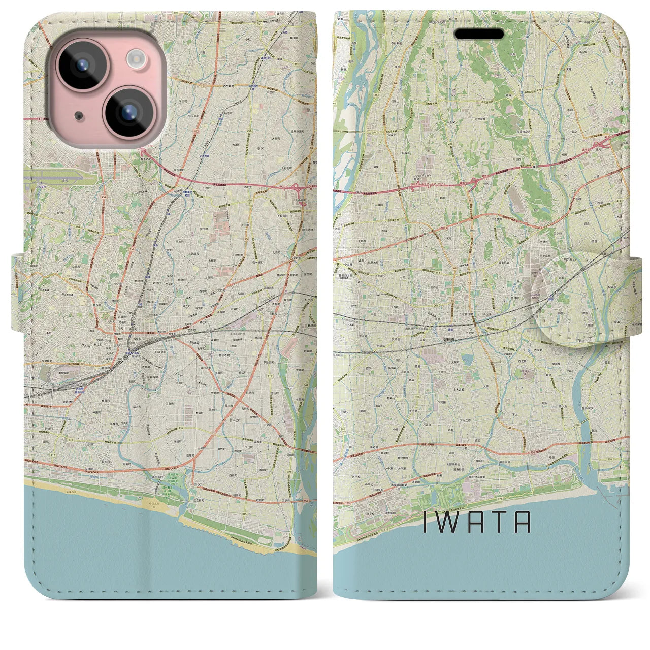 【磐田(静岡県)】地図柄iPhoneケース(手帳タイプ)ナチュラル・iPhone 15 Plus 用