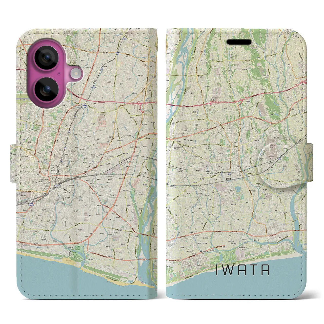 【磐田(静岡県)】地図柄iPhoneケース(手帳タイプ)ナチュラル・iPhone 16 Pro 用