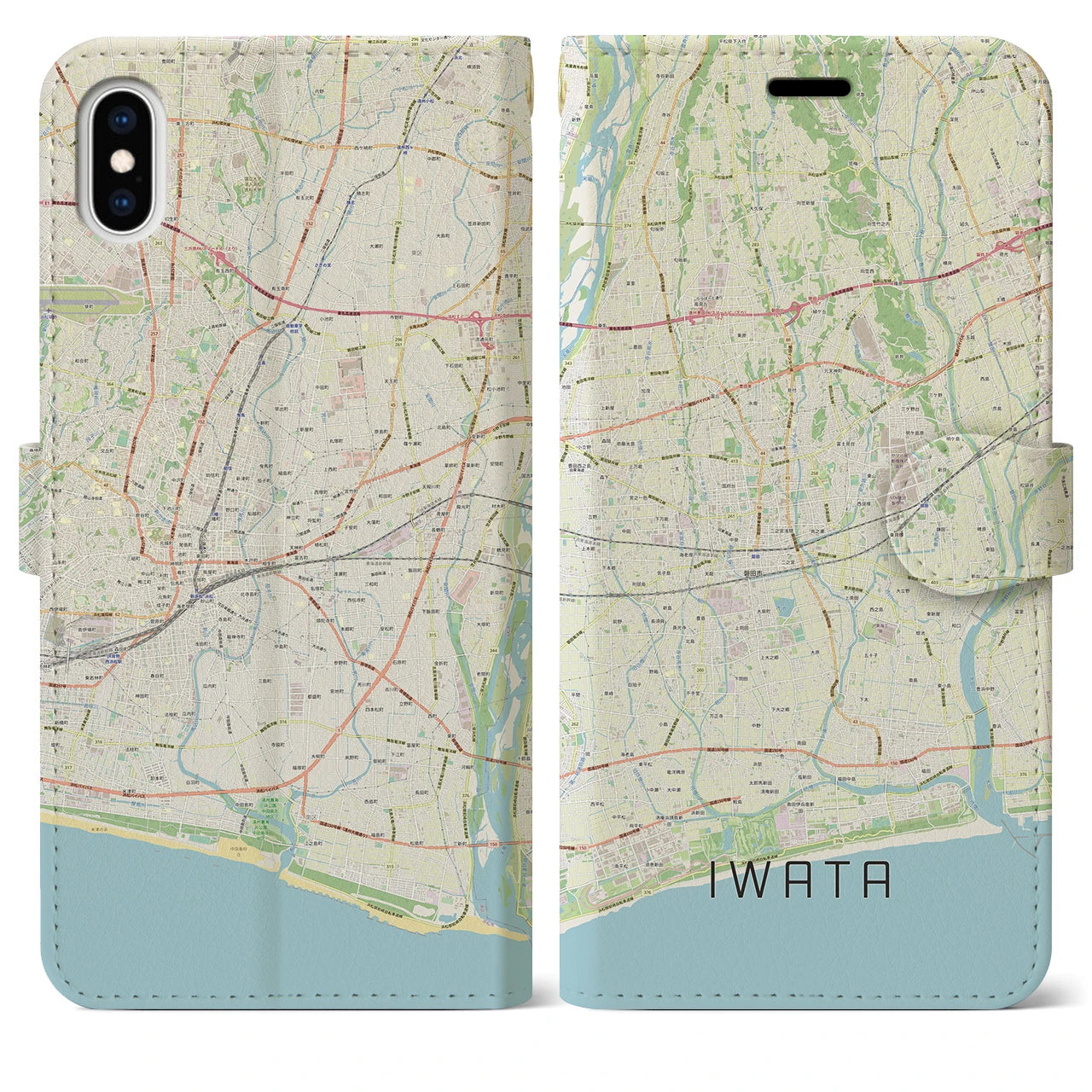 【磐田(静岡県)】地図柄iPhoneケース(手帳タイプ)ナチュラル・iPhone XS Max 用