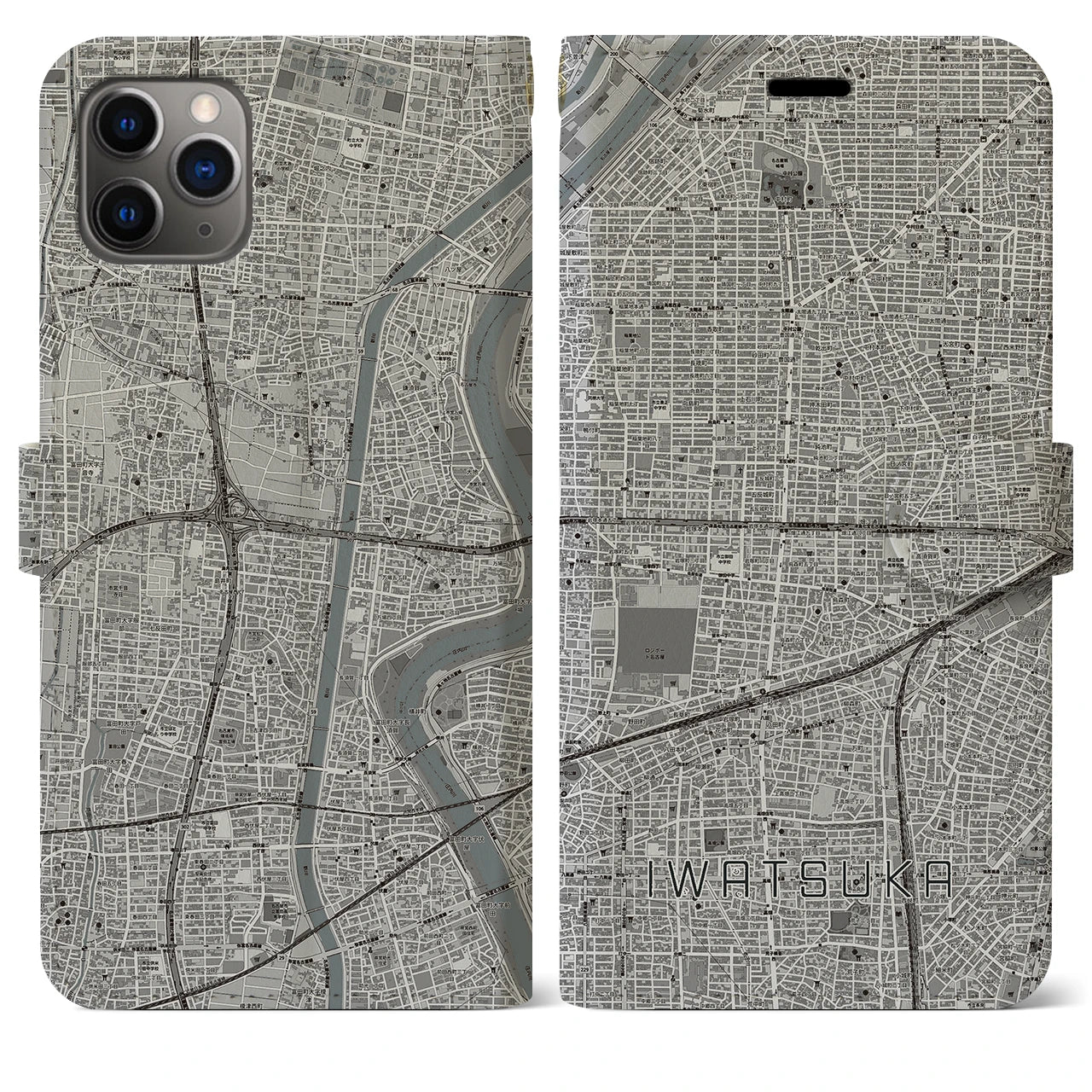 【岩塚(愛知県)】地図柄iPhoneケース(手帳タイプ)モノトーン・iPhone 11 Pro Max 用