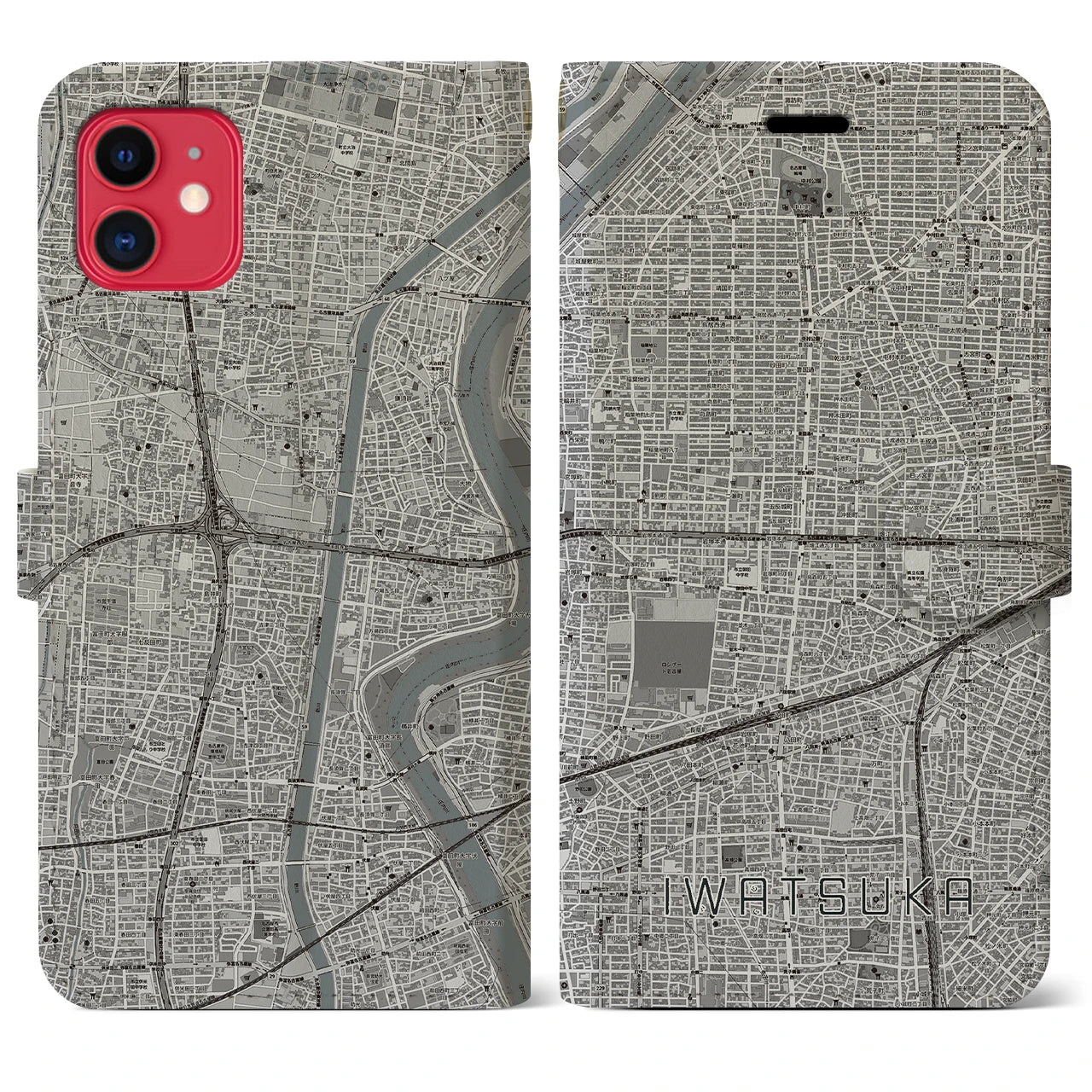 【岩塚(愛知県)】地図柄iPhoneケース(手帳タイプ)モノトーン・iPhone 11 用