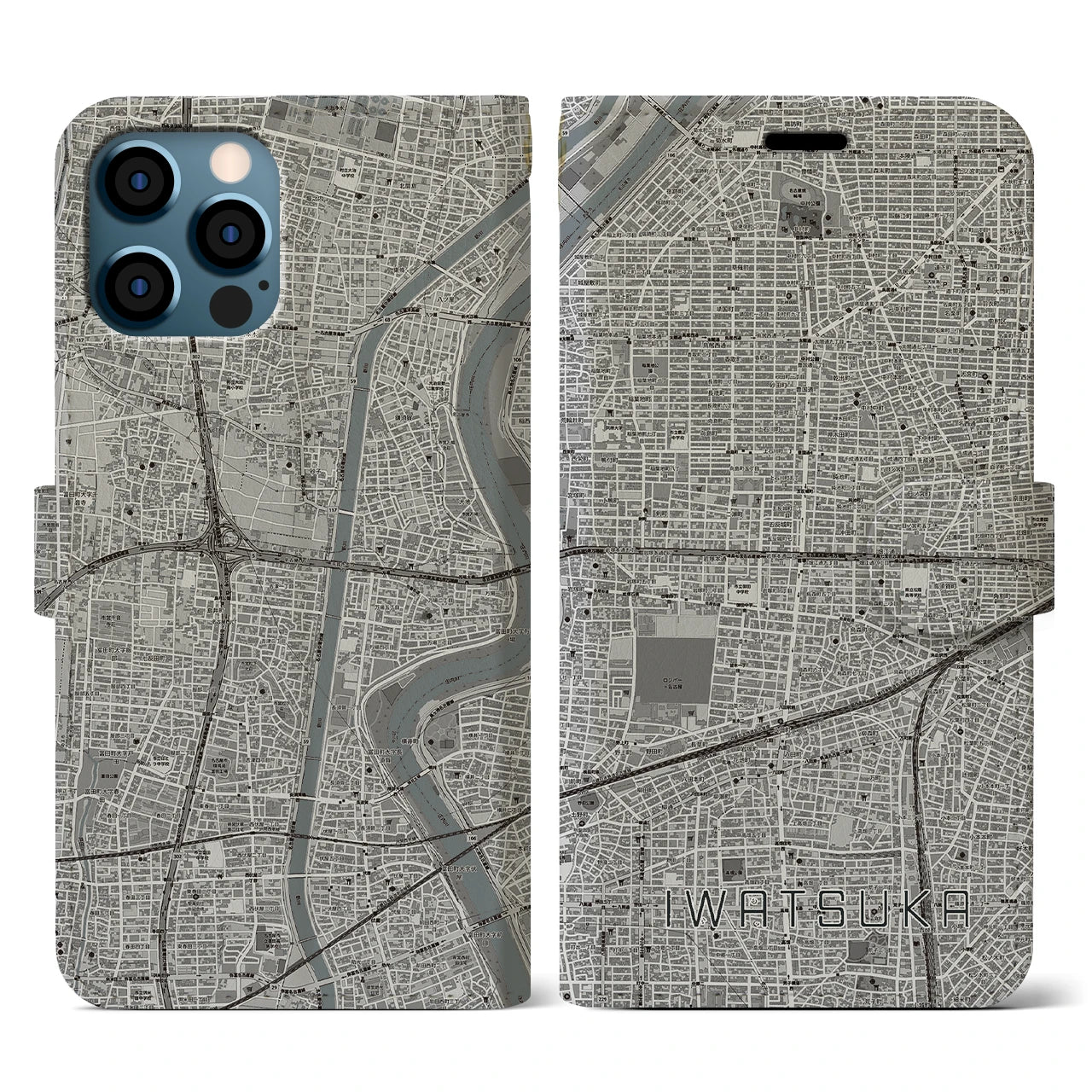 【岩塚(愛知県)】地図柄iPhoneケース(手帳タイプ)モノトーン・iPhone 12 / 12 Pro 用