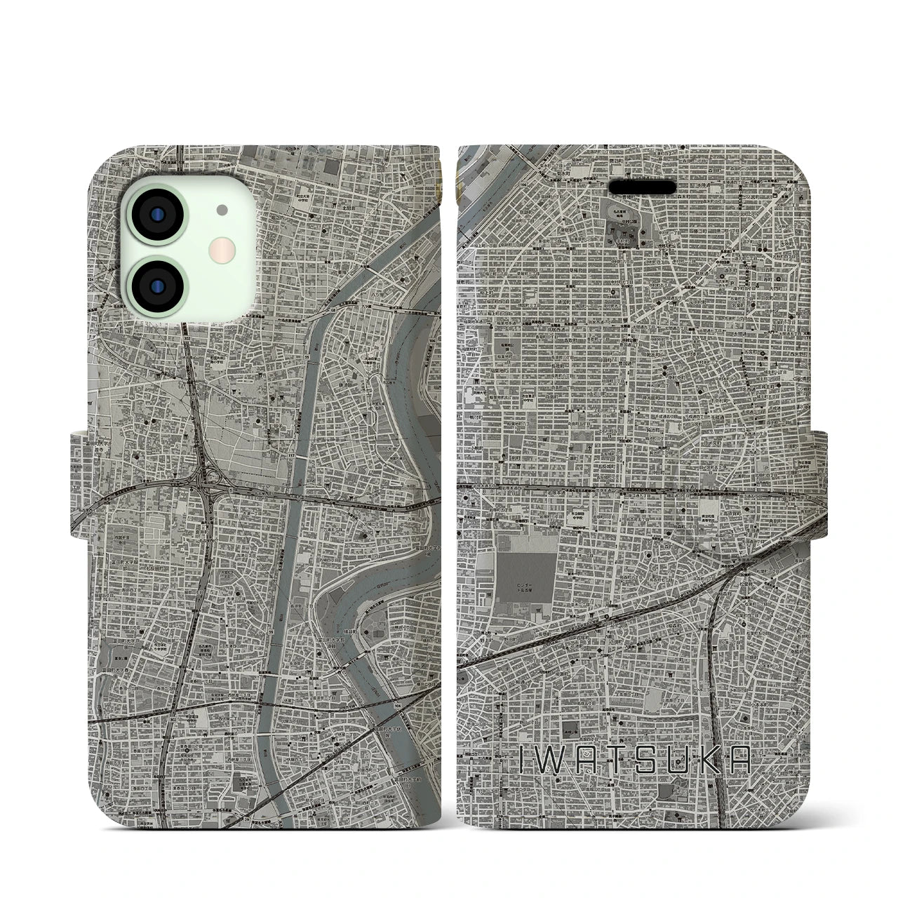 【岩塚(愛知県)】地図柄iPhoneケース(手帳タイプ)モノトーン・iPhone 12 mini 用