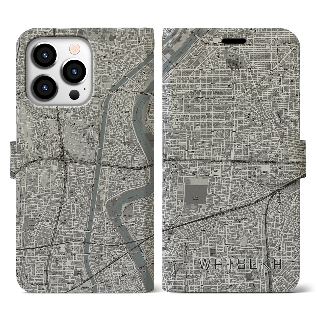 【岩塚(愛知県)】地図柄iPhoneケース(手帳タイプ)モノトーン・iPhone 13 Pro 用