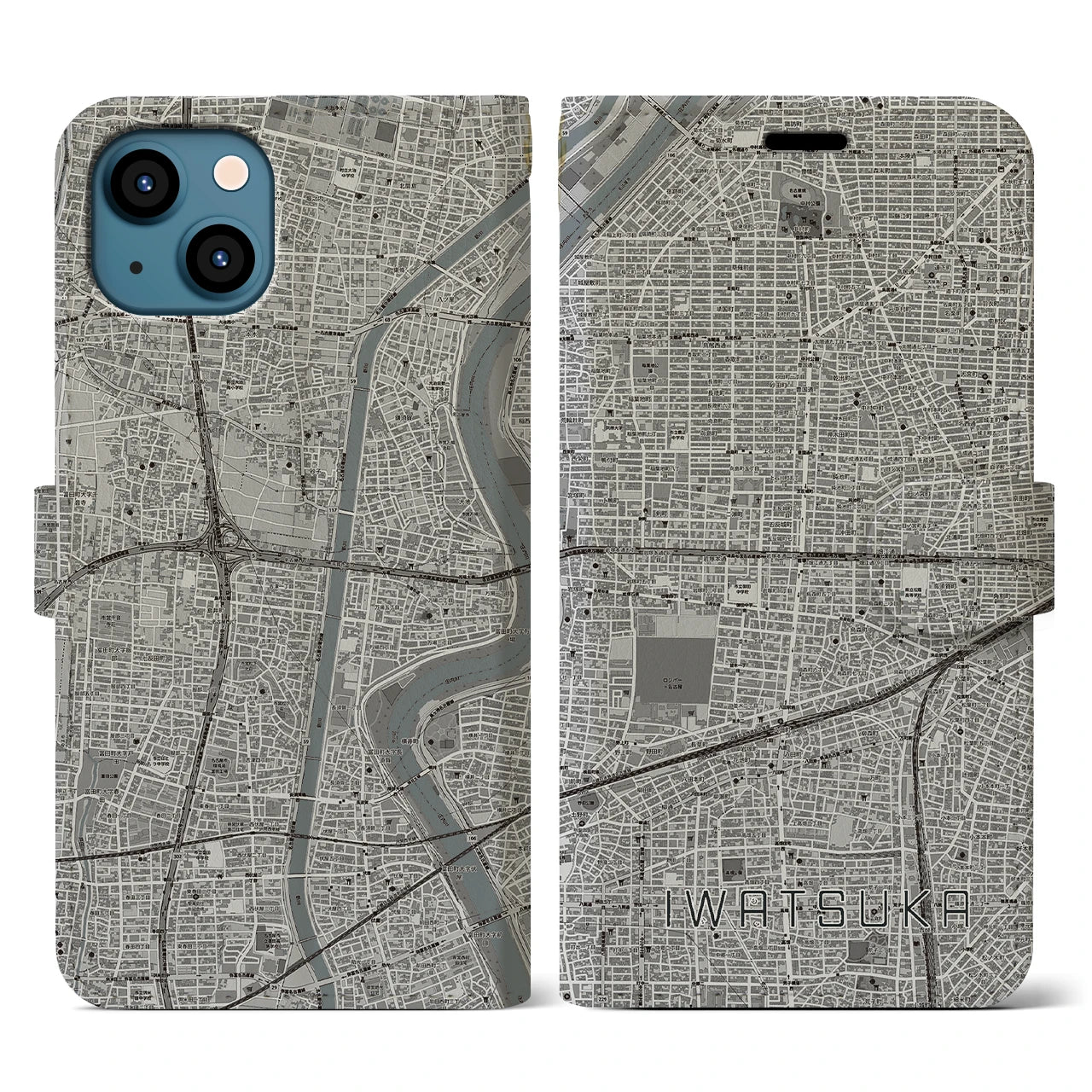【岩塚(愛知県)】地図柄iPhoneケース(手帳タイプ)モノトーン・iPhone 13 用