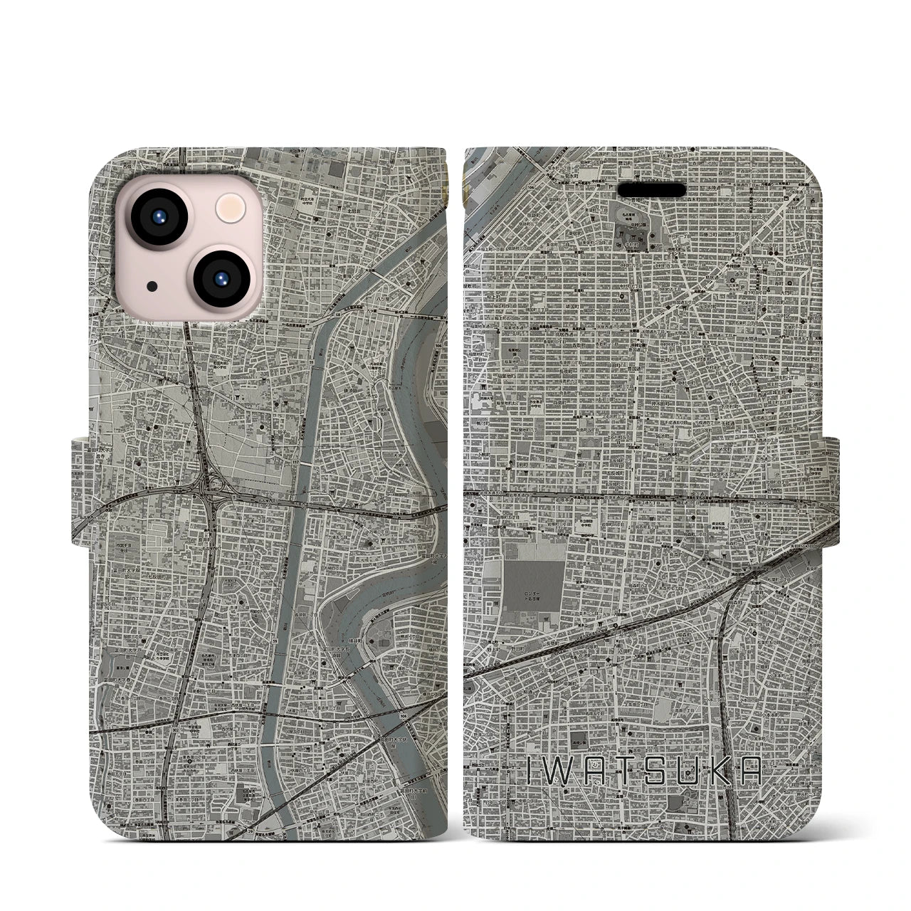 【岩塚(愛知県)】地図柄iPhoneケース(手帳タイプ)モノトーン・iPhone 13 mini 用