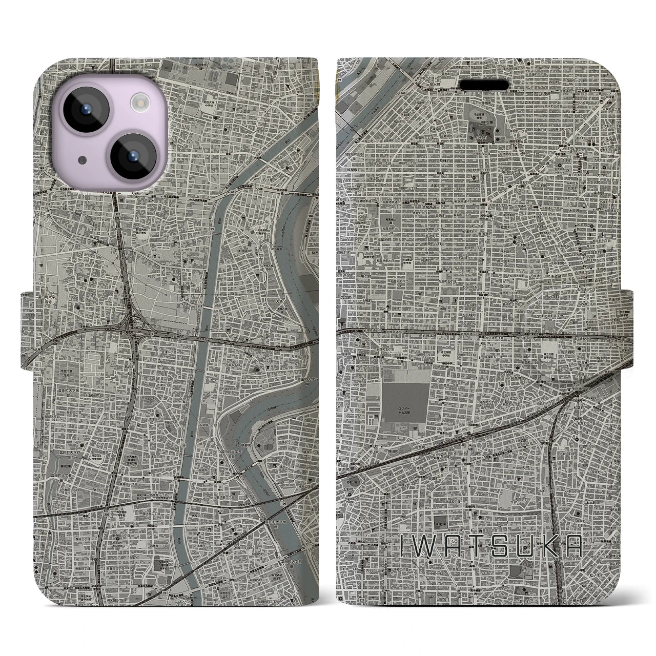 【岩塚(愛知県)】地図柄iPhoneケース(手帳タイプ)モノトーン・iPhone 14 用