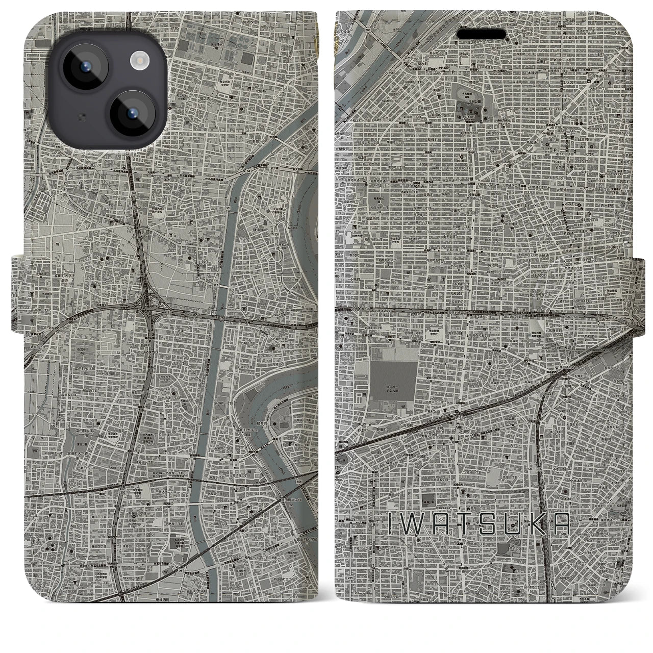 【岩塚(愛知県)】地図柄iPhoneケース(手帳タイプ)モノトーン・iPhone 14 Plus 用