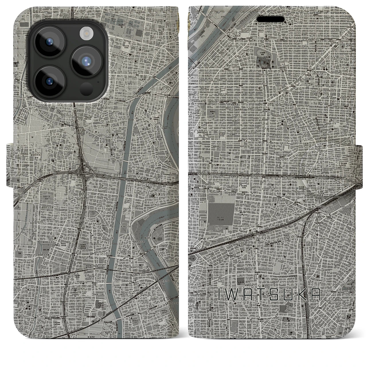 【岩塚(愛知県)】地図柄iPhoneケース(手帳タイプ)モノトーン・iPhone 15 Pro Max 用