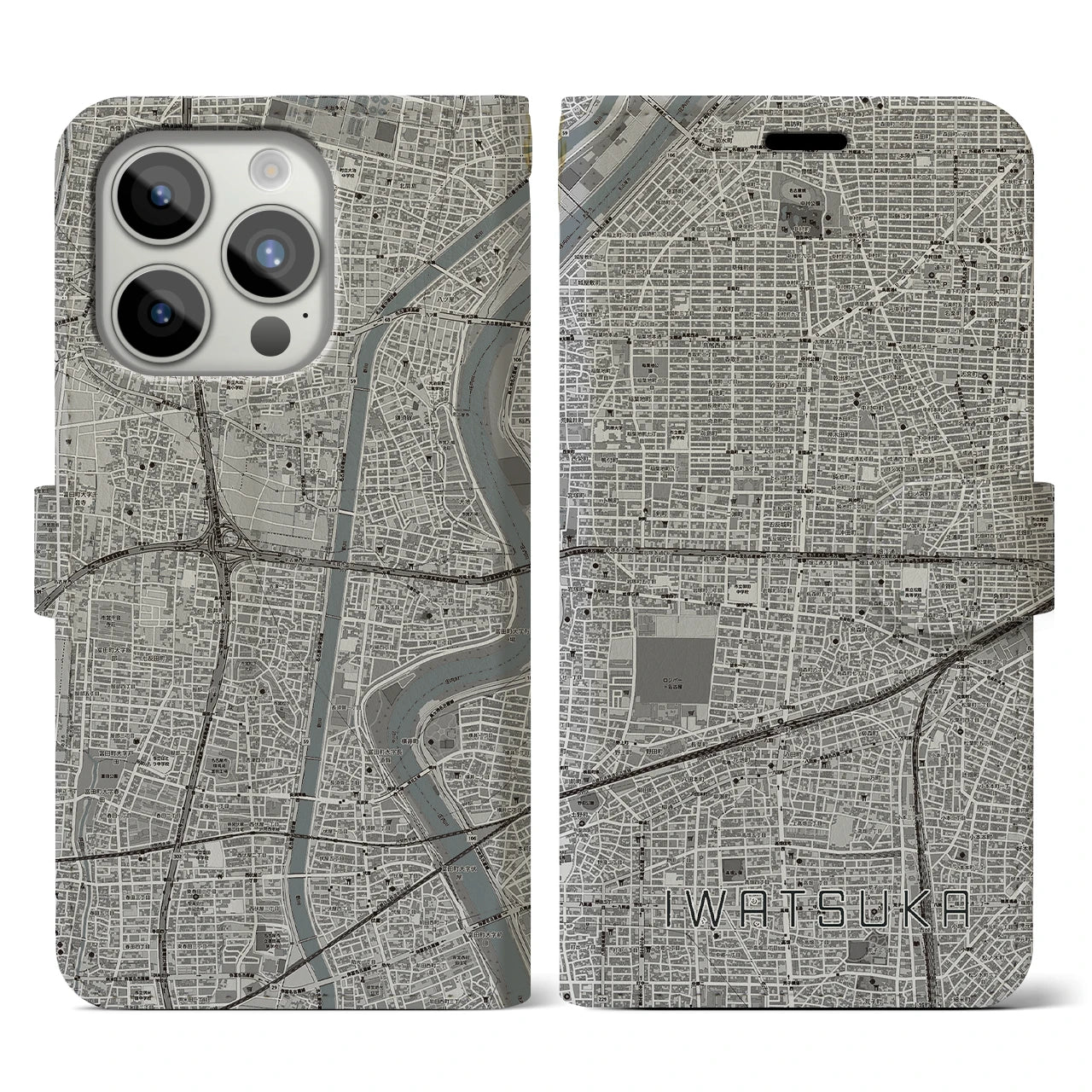 【岩塚(愛知県)】地図柄iPhoneケース(手帳タイプ)モノトーン・iPhone 15 Pro 用