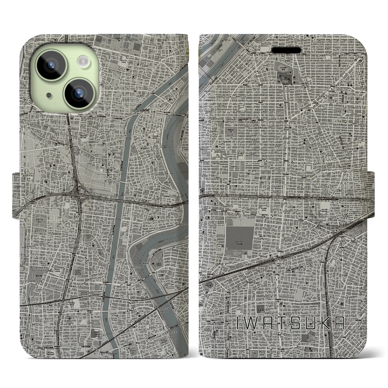 【岩塚(愛知県)】地図柄iPhoneケース(手帳タイプ)モノトーン・iPhone 15 用