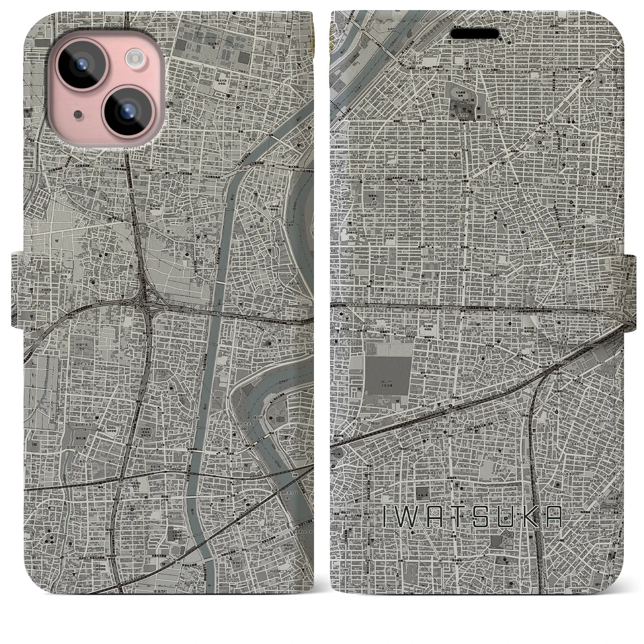 【岩塚(愛知県)】地図柄iPhoneケース(手帳タイプ)モノトーン・iPhone 15 Plus 用