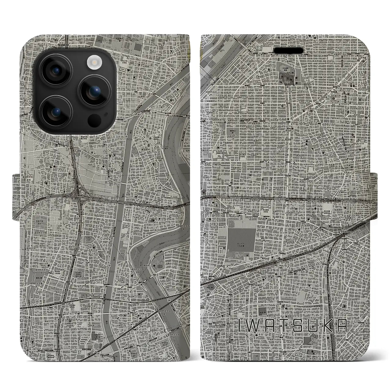 【岩塚(愛知県)】地図柄iPhoneケース(手帳タイプ)モノトーン・iPhone 16 用