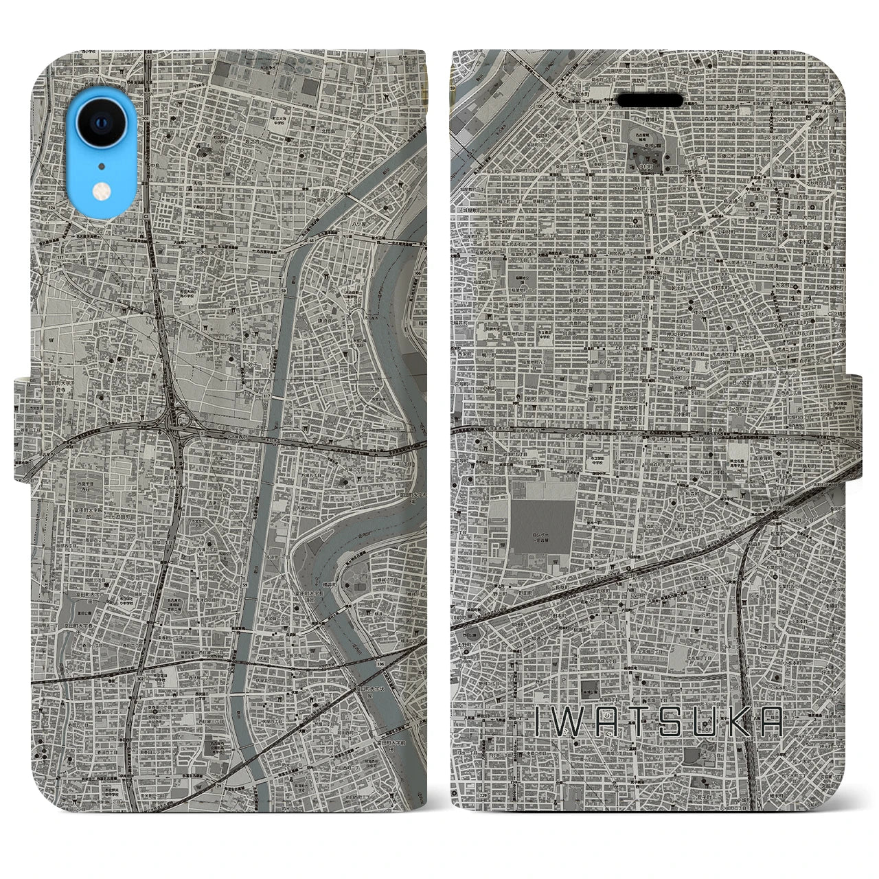 【岩塚(愛知県)】地図柄iPhoneケース(手帳タイプ)モノトーン・iPhone XR 用
