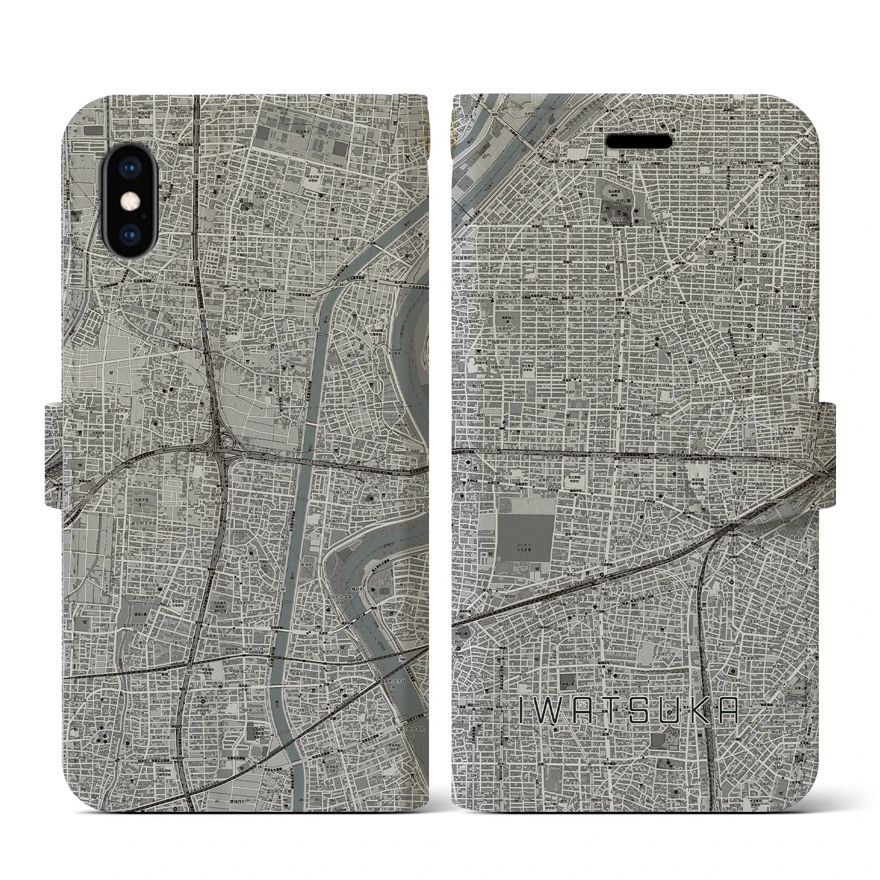 【岩塚(愛知県)】地図柄iPhoneケース(手帳タイプ)モノトーン・iPhone XS / X 用