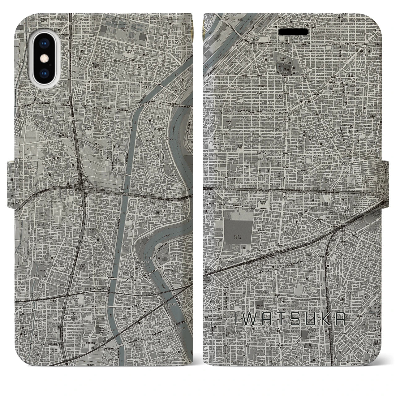 【岩塚(愛知県)】地図柄iPhoneケース(手帳タイプ)モノトーン・iPhone XS Max 用