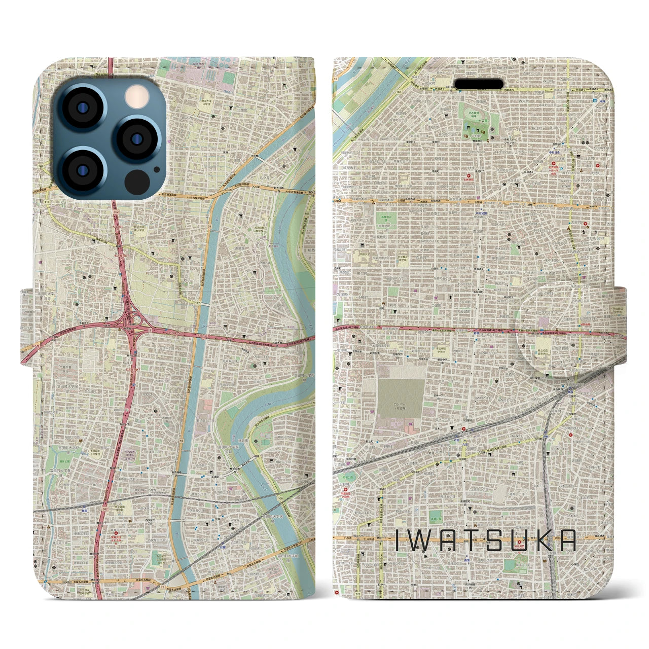 【岩塚(愛知県)】地図柄iPhoneケース(手帳タイプ)ナチュラル・iPhone 12 / 12 Pro 用