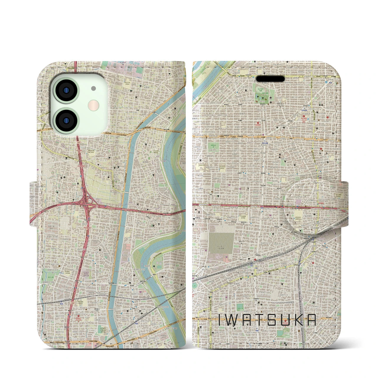 【岩塚(愛知県)】地図柄iPhoneケース(手帳タイプ)ナチュラル・iPhone 12 mini 用
