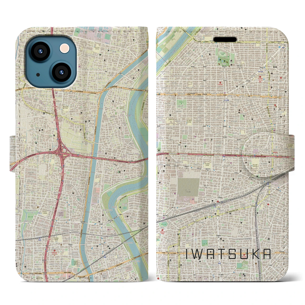 【岩塚(愛知県)】地図柄iPhoneケース(手帳タイプ)ナチュラル・iPhone 13 用