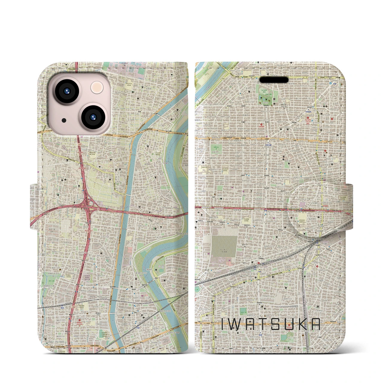 【岩塚(愛知県)】地図柄iPhoneケース(手帳タイプ)ナチュラル・iPhone 13 mini 用