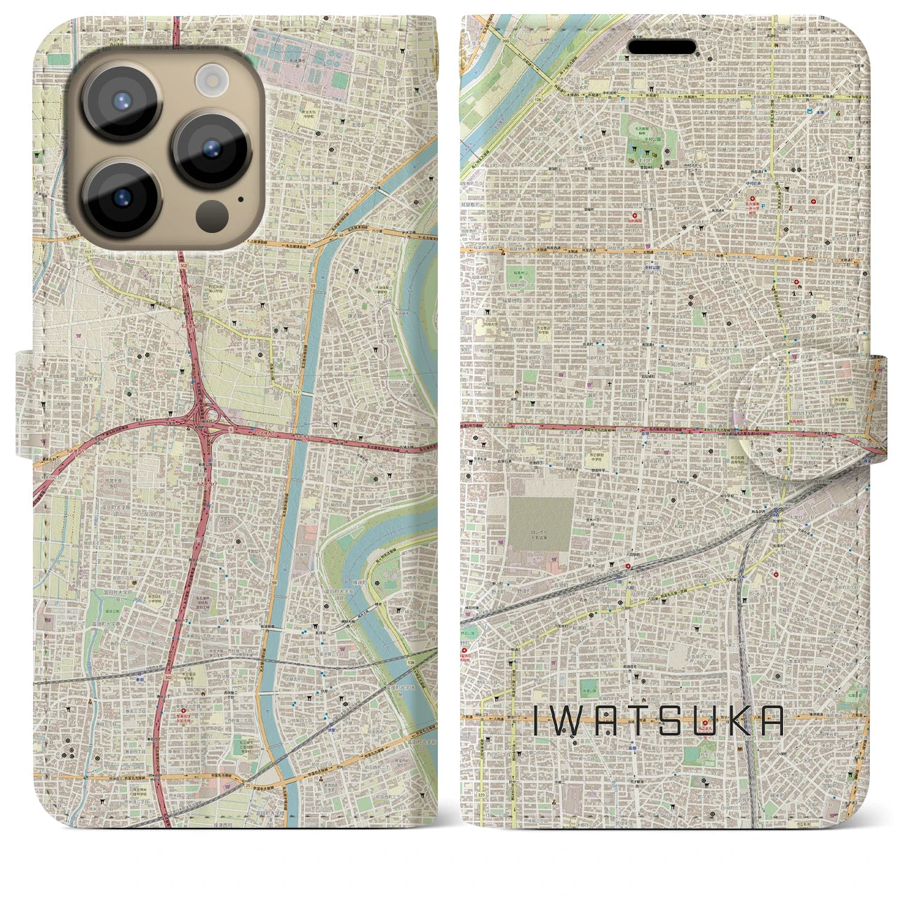 【岩塚(愛知県)】地図柄iPhoneケース(手帳タイプ)ナチュラル・iPhone 14 Pro Max 用