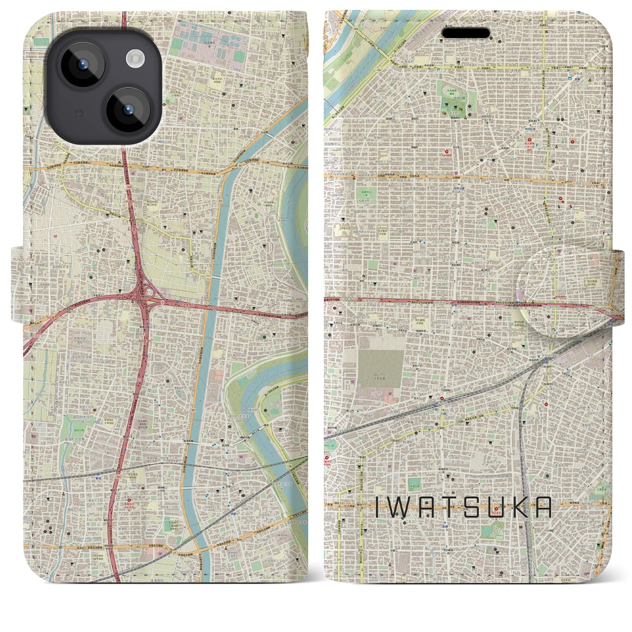 【岩塚(愛知県)】地図柄iPhoneケース(手帳タイプ)ナチュラル・iPhone 14 Plus 用