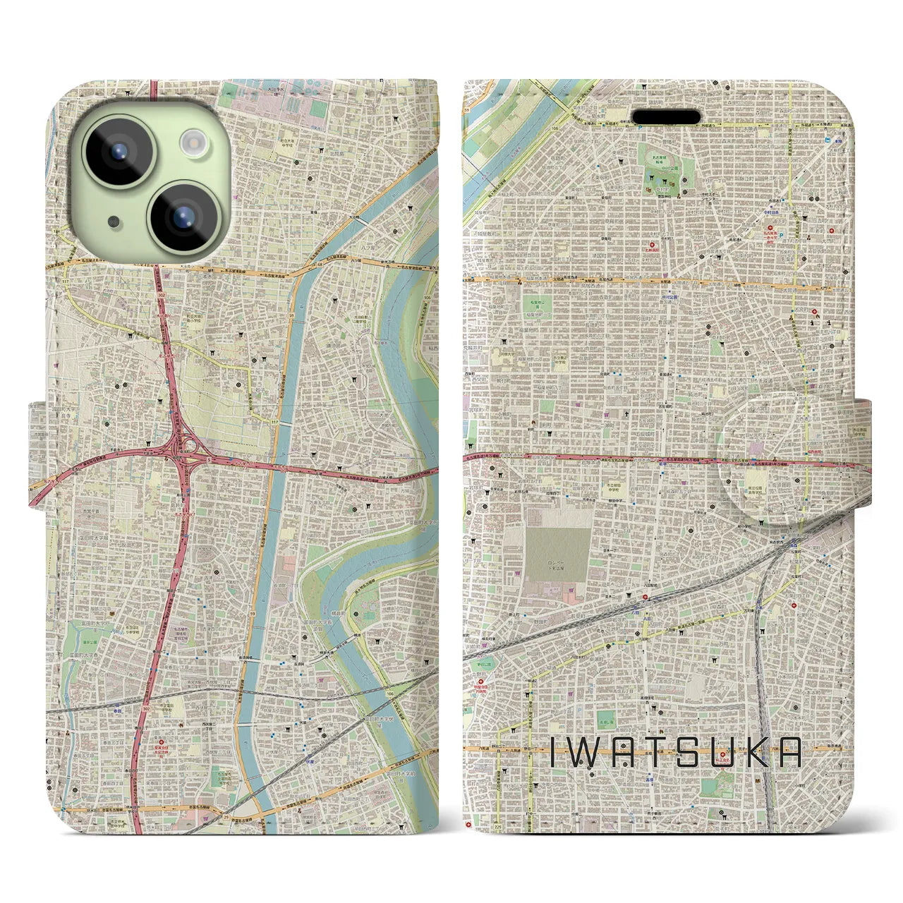 【岩塚(愛知県)】地図柄iPhoneケース(手帳タイプ)ナチュラル・iPhone 15 用