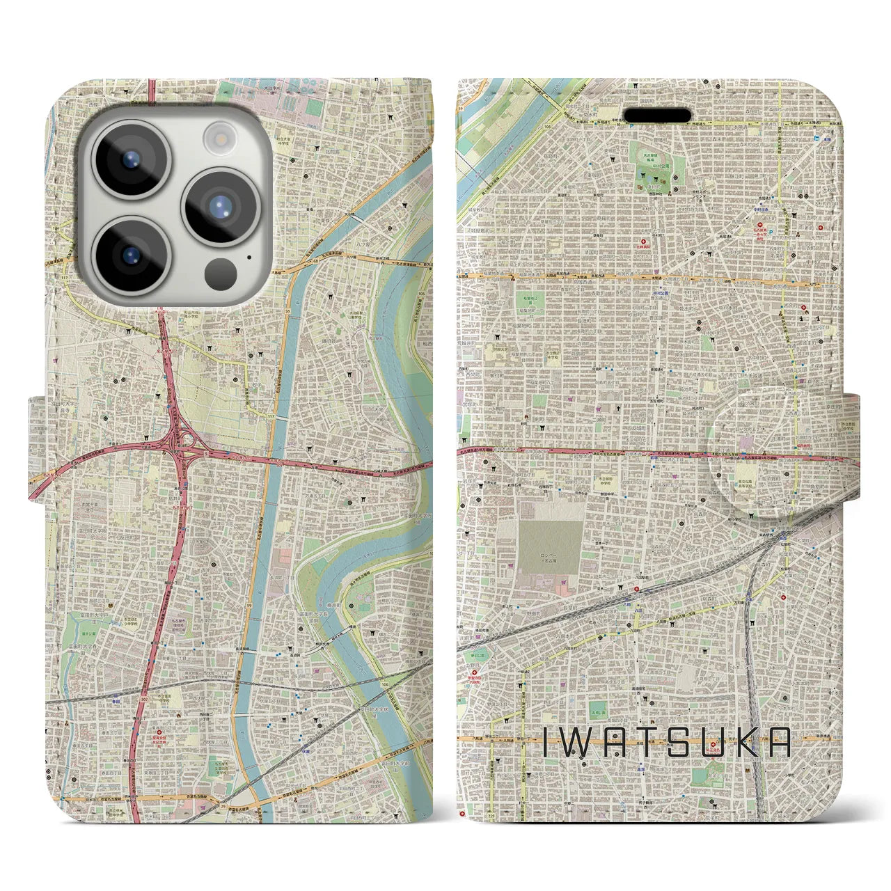 【岩塚(愛知県)】地図柄iPhoneケース(手帳タイプ)ナチュラル・iPhone 15 Pro 用