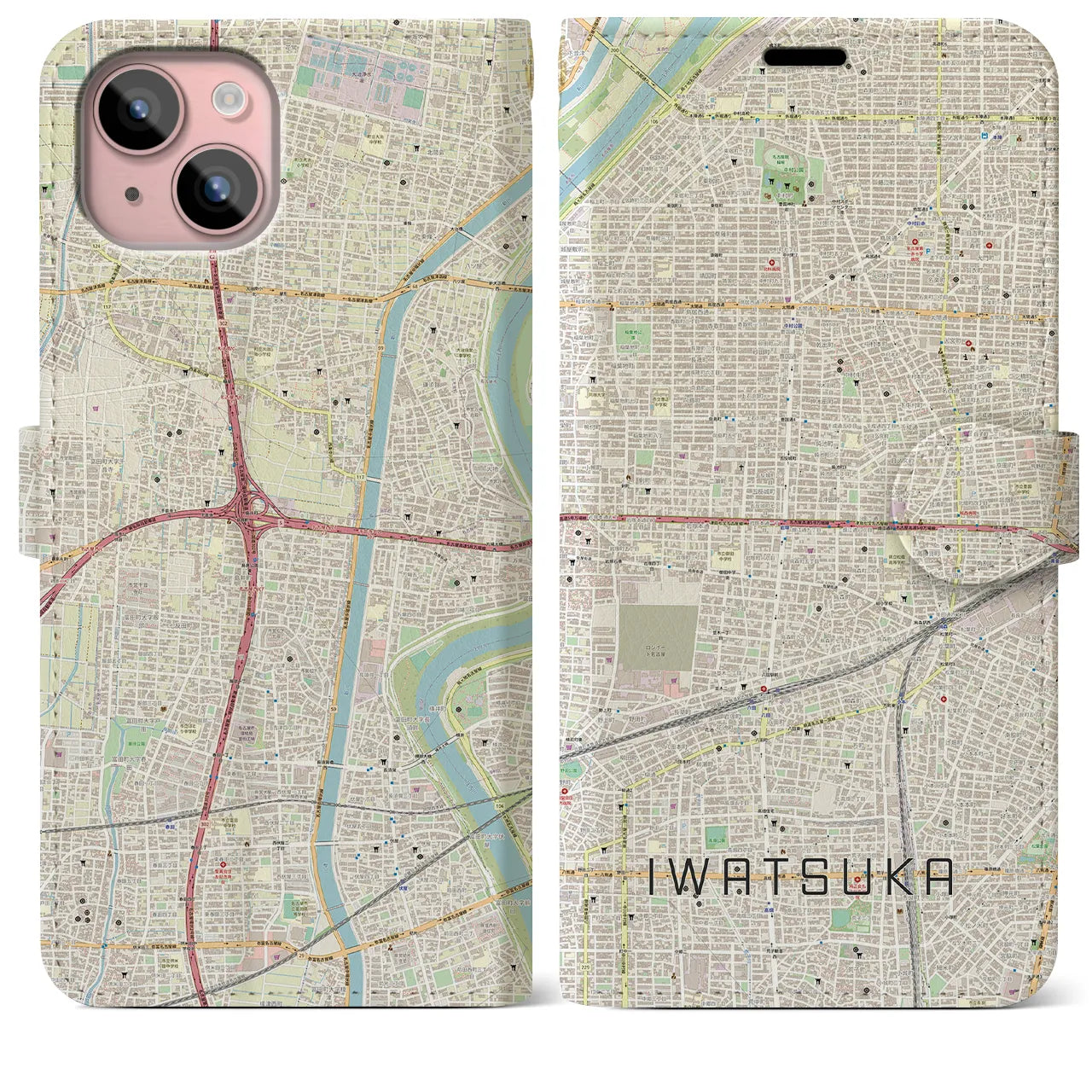 【岩塚(愛知県)】地図柄iPhoneケース(手帳タイプ)ナチュラル・iPhone 15 Plus 用