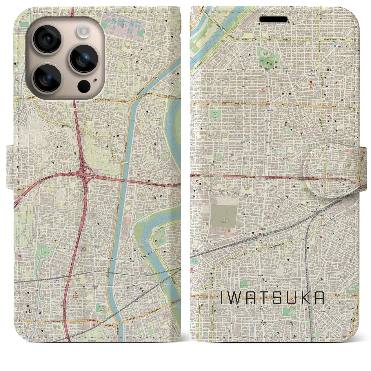 【岩塚(愛知県)】地図柄iPhoneケース(手帳タイプ)ナチュラル・iPhone 16 Plus 用