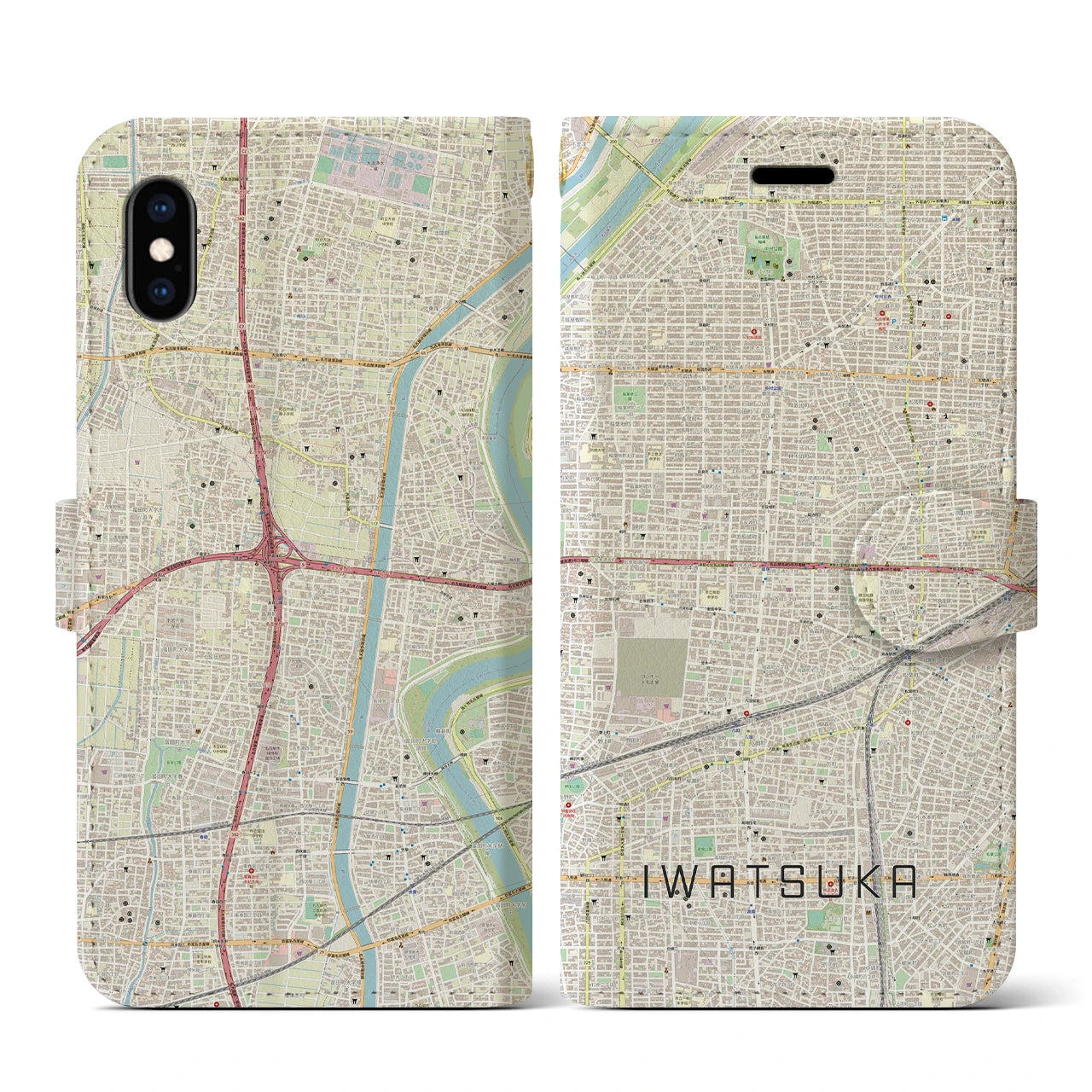 【岩塚(愛知県)】地図柄iPhoneケース(手帳タイプ)ナチュラル・iPhone XS / X 用