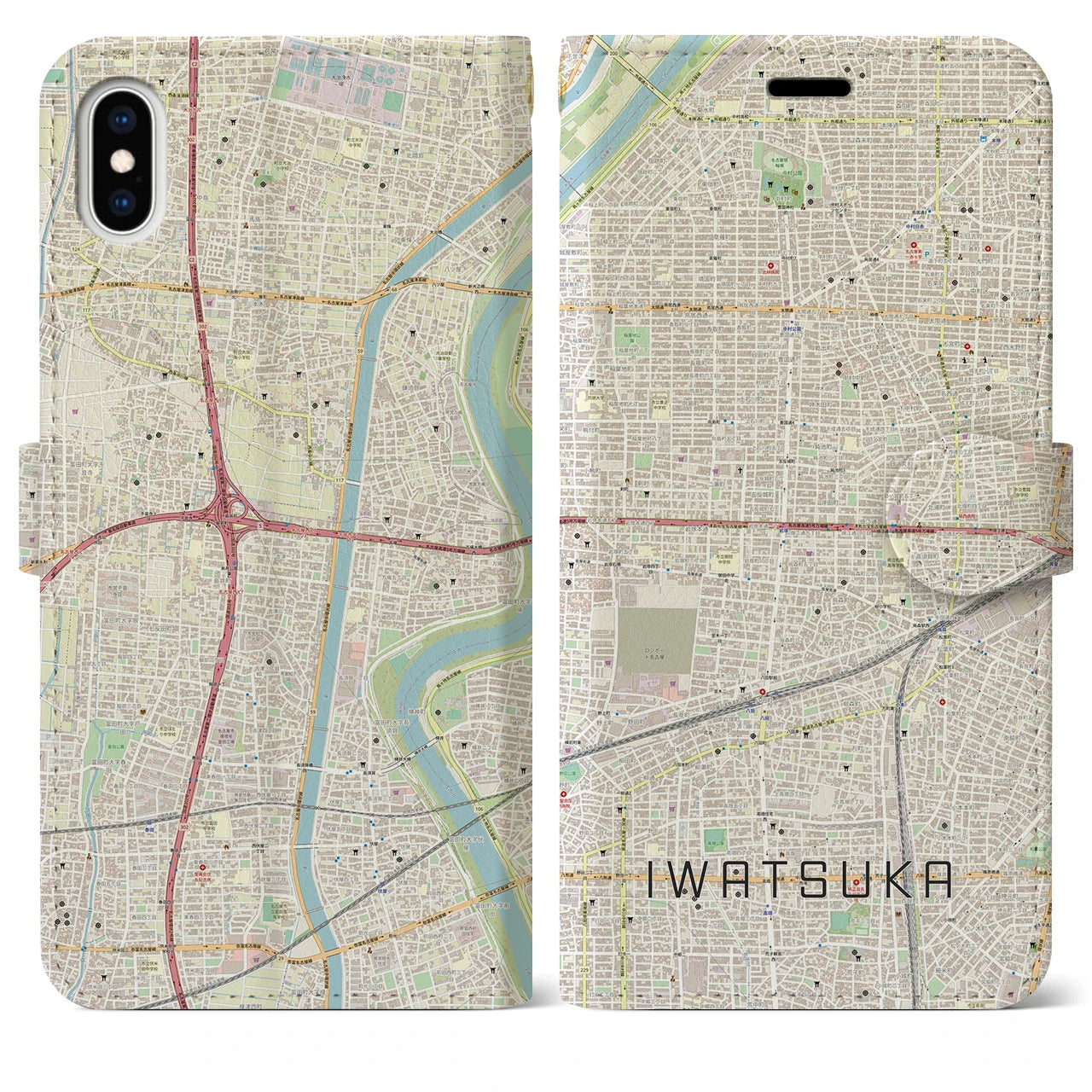 【岩塚(愛知県)】地図柄iPhoneケース(手帳タイプ)ナチュラル・iPhone XS Max 用