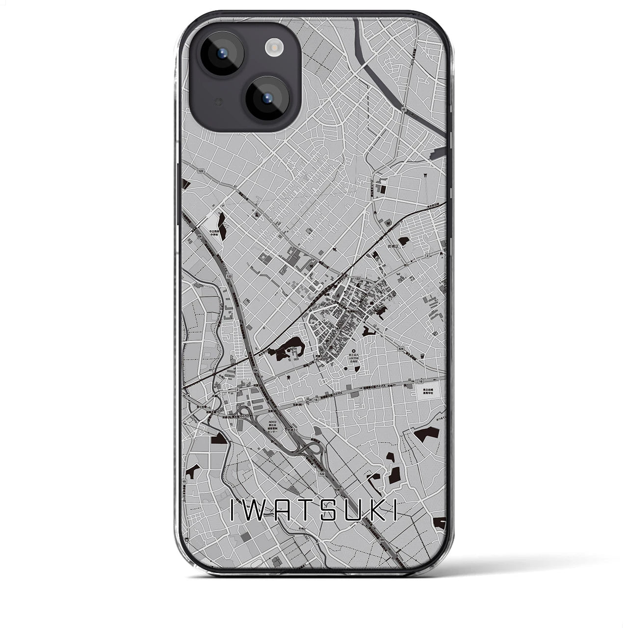 【岩槻(埼玉県)】地図柄iPhoneケース(クリアタイプ)モノトーン・iPhone 14 Plus 用