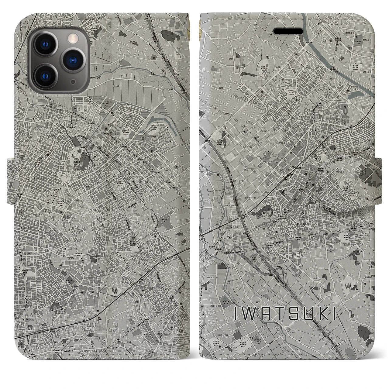 【岩槻(埼玉県)】地図柄iPhoneケース(手帳タイプ)モノトーン・iPhone 11 Pro Max 用