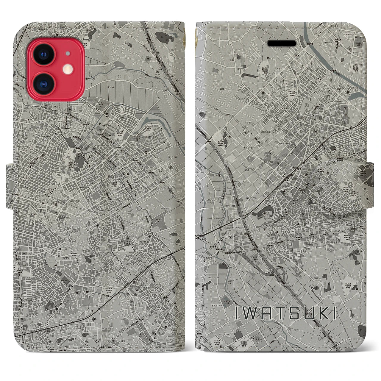 【岩槻(埼玉県)】地図柄iPhoneケース(手帳タイプ)モノトーン・iPhone 11 用