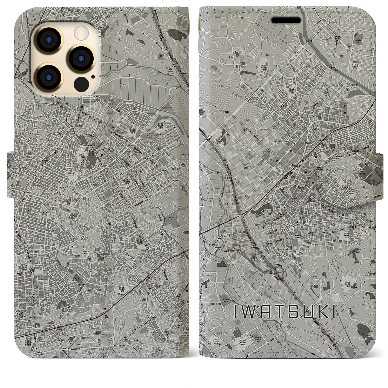 【岩槻(埼玉県)】地図柄iPhoneケース(手帳タイプ)モノトーン・iPhone 12 Pro Max 用
