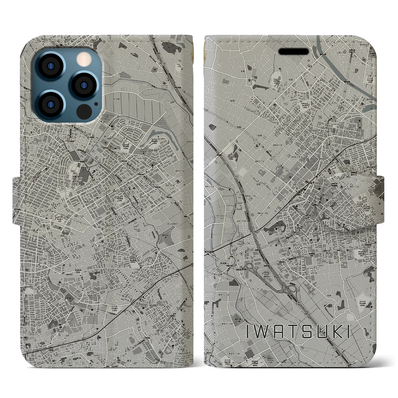 【岩槻(埼玉県)】地図柄iPhoneケース(手帳タイプ)モノトーン・iPhone 12 / 12 Pro 用