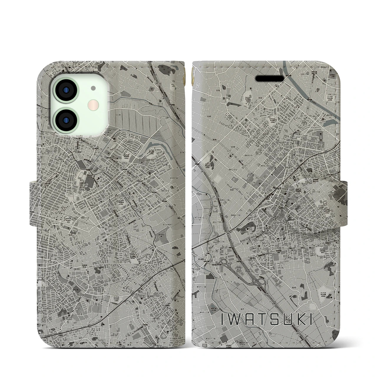 【岩槻(埼玉県)】地図柄iPhoneケース(手帳タイプ)モノトーン・iPhone 12 mini 用
