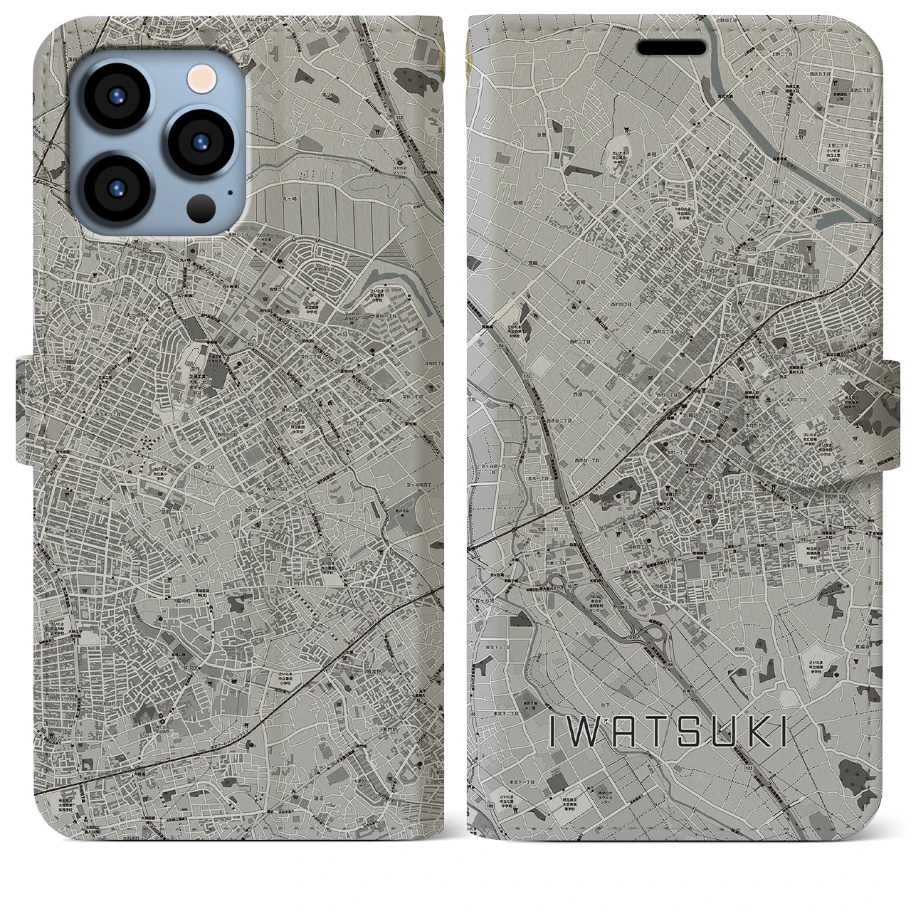 【岩槻(埼玉県)】地図柄iPhoneケース(手帳タイプ)モノトーン・iPhone 13 Pro Max 用