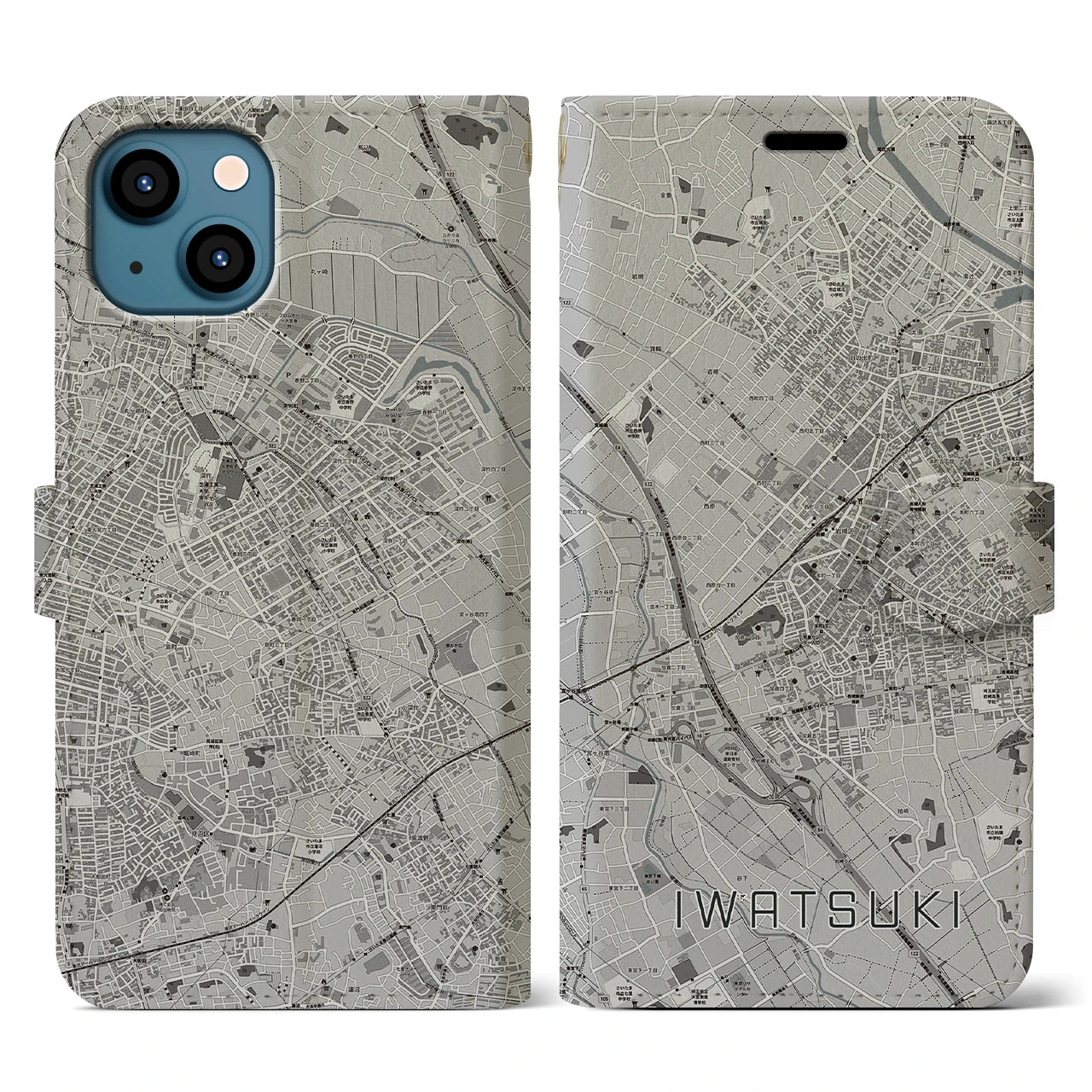 【岩槻(埼玉県)】地図柄iPhoneケース(手帳タイプ)モノトーン・iPhone 13 用