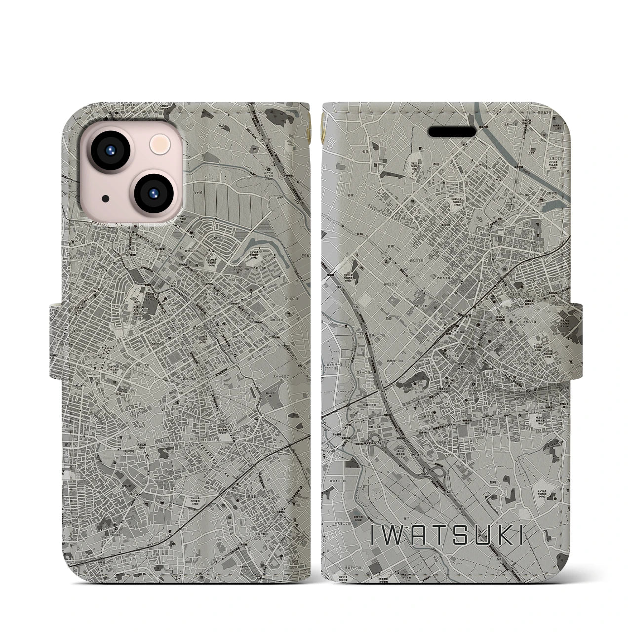 【岩槻(埼玉県)】地図柄iPhoneケース(手帳タイプ)モノトーン・iPhone 13 mini 用