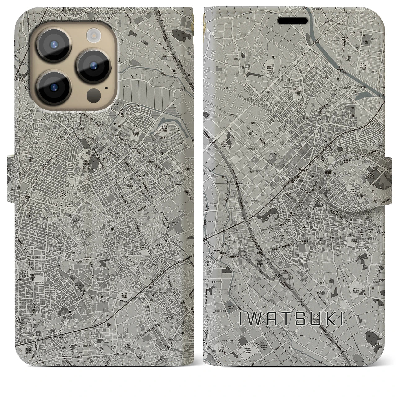 【岩槻(埼玉県)】地図柄iPhoneケース(手帳タイプ)モノトーン・iPhone 14 Pro Max 用