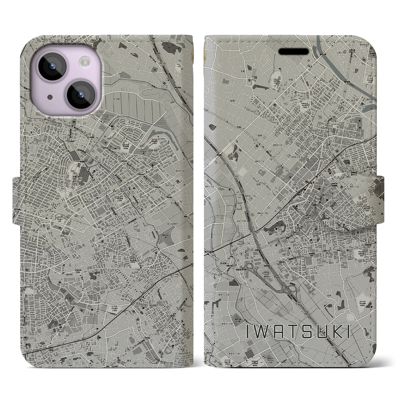 【岩槻(埼玉県)】地図柄iPhoneケース(手帳タイプ)モノトーン・iPhone 14 用