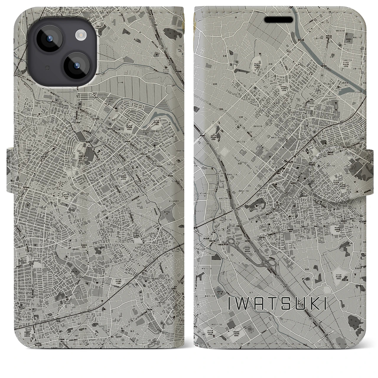 【岩槻(埼玉県)】地図柄iPhoneケース(手帳タイプ)モノトーン・iPhone 14 Plus 用