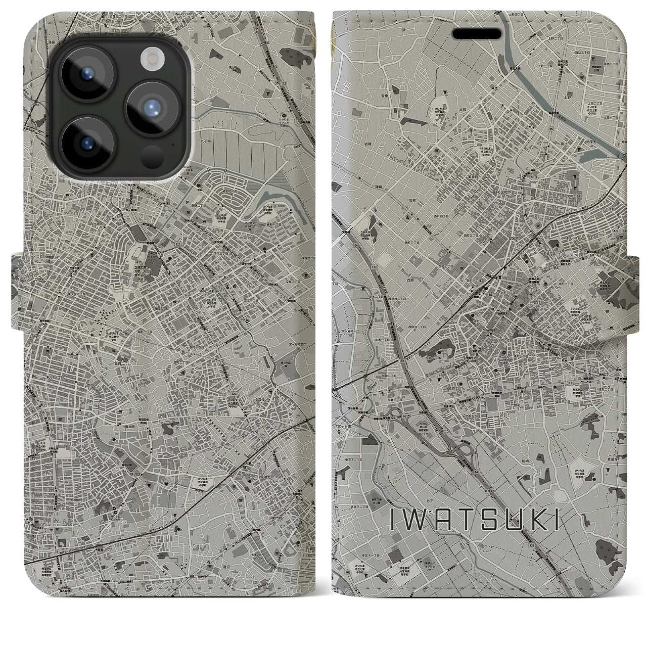 【岩槻(埼玉県)】地図柄iPhoneケース(手帳タイプ)モノトーン・iPhone 15 Pro Max 用