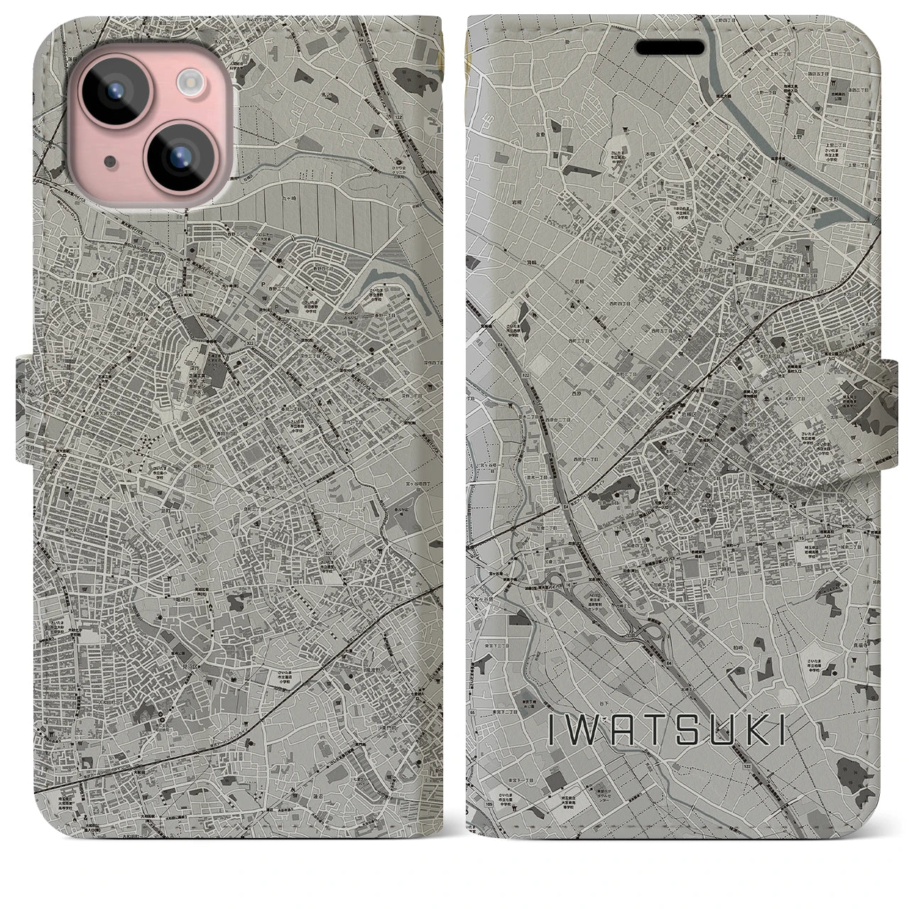 【岩槻(埼玉県)】地図柄iPhoneケース(手帳タイプ)モノトーン・iPhone 15 Plus 用